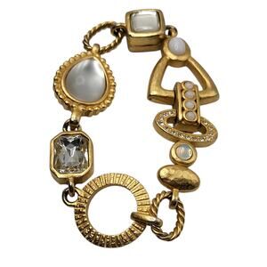 Vintage Chicos Gold Tone Bracelet Faux Opal Crystal Charm Link Bracelet